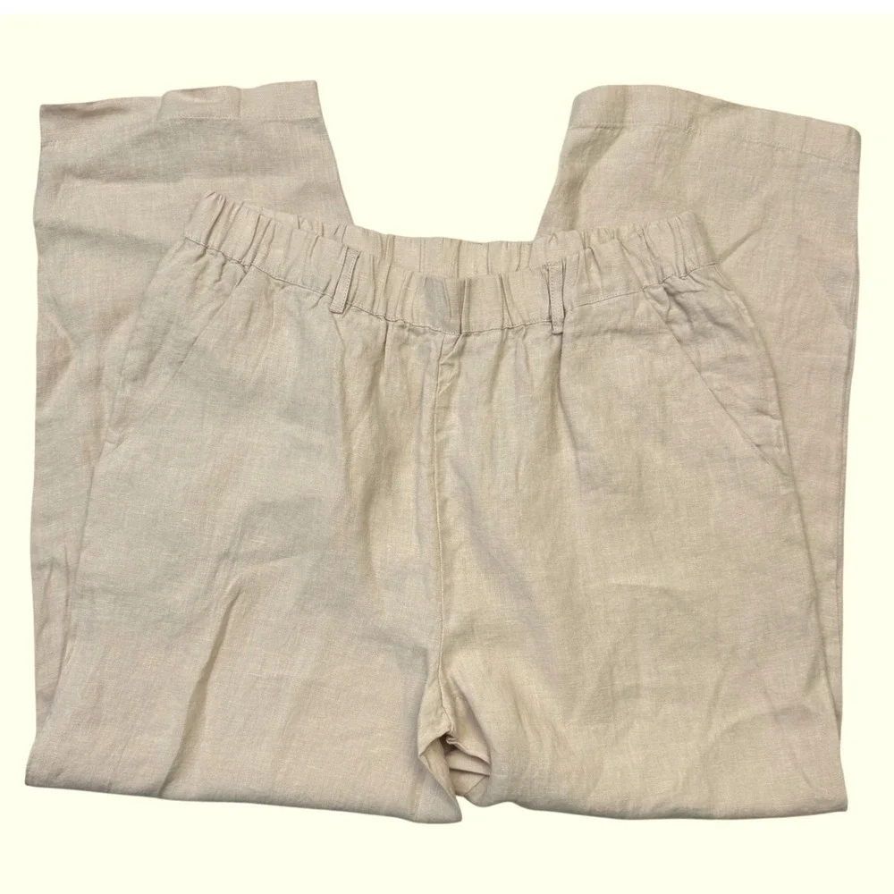 Quince Women Linen Pants Medium Beige High Rise Elastic Waist Straight Leg